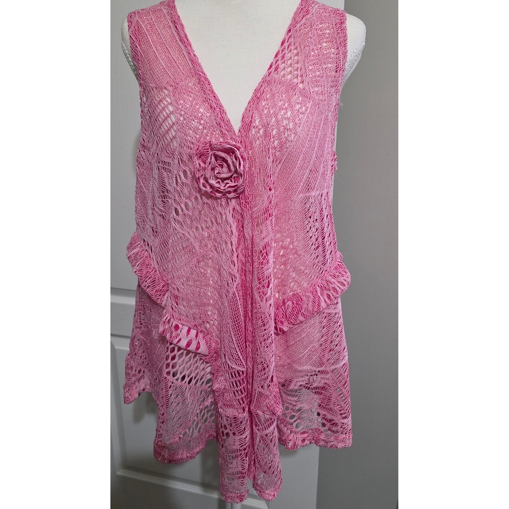 Venice Blue Cardigan Women OS Pink Crochet Knit Rosette Open Front ShabbyChic‎
